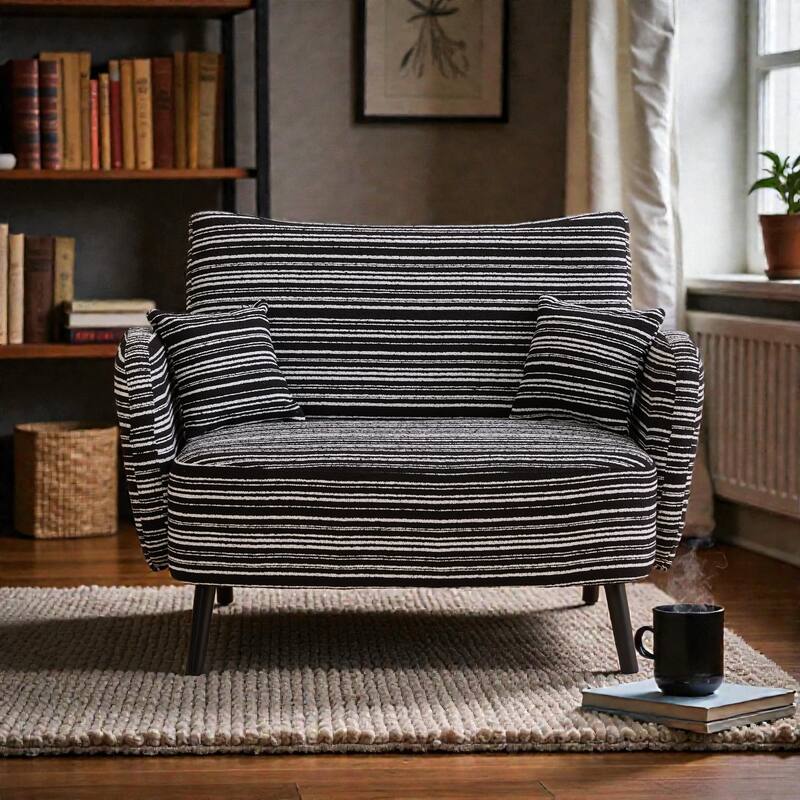 Modern Boucle 2-Seater Sofa with Storage Pockets, Deep-Seated Small Couch with Armrest Pillows for Apartments - Black