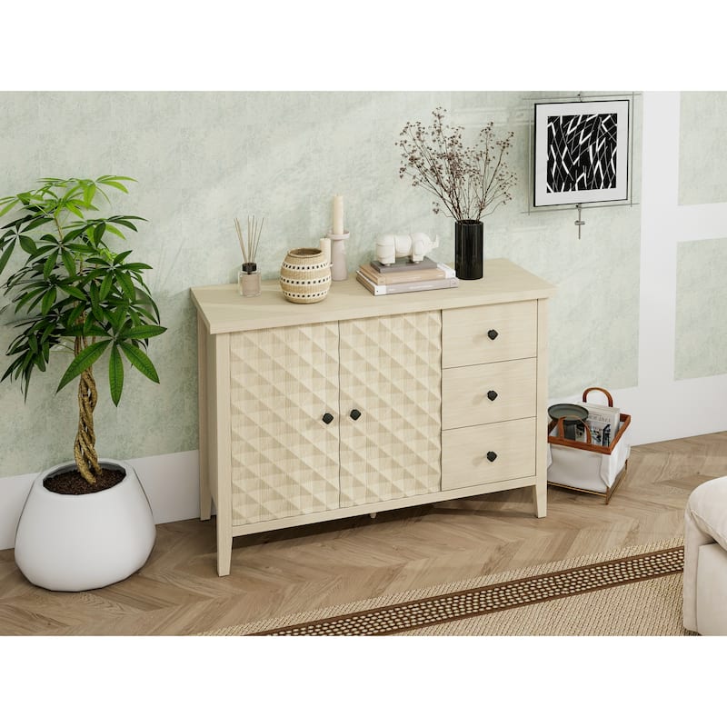 Buffet Cabinet with 2 Embossed Doors, Kitchen Wooden Storage Cabinet, Accent Cabinet with 3 Drawers & Adjustable Shelves