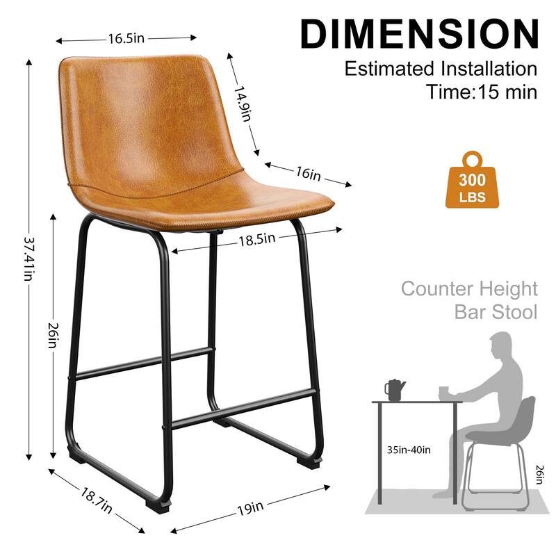 Bar Stools Faux Leather Counter Stools with Back Armless Dining Chairs (Set of 2)