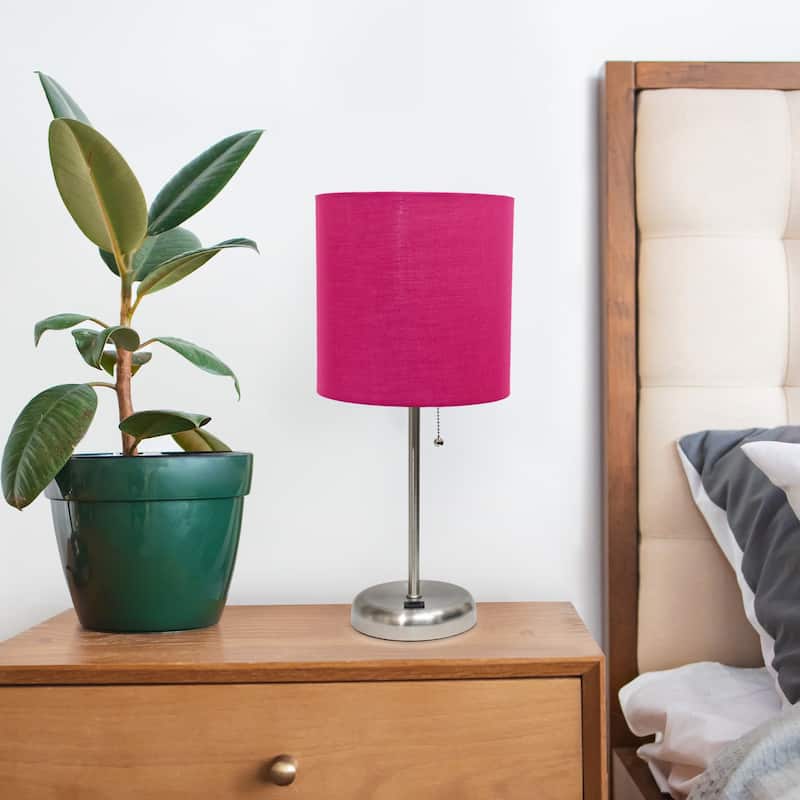 Contemporary Brushed Steel Bedside Table Desk Lamp with Drum Shade - 19.5" - Silver and Hot Pink