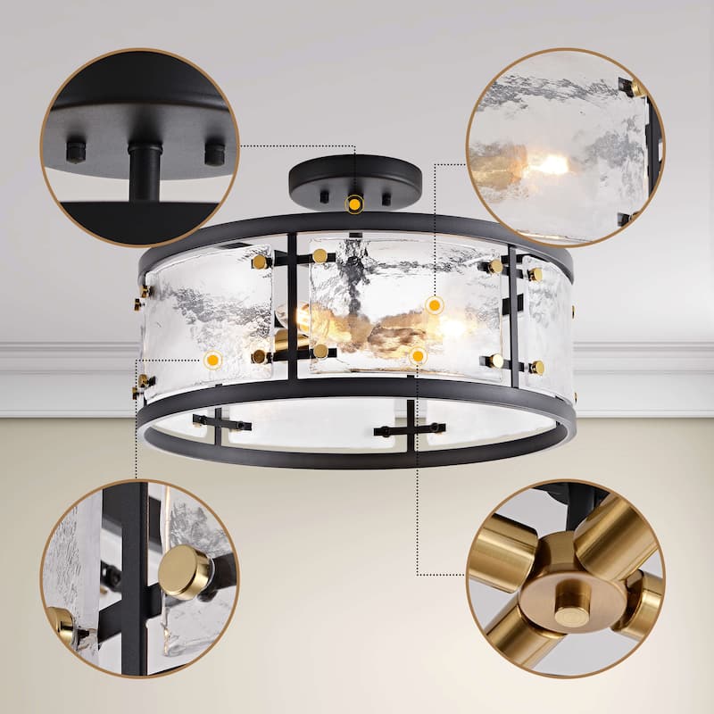 Laia Black 5-light Water Textured Glass Drum Flush Mount - 19 inches in diameter x 8.5 inches H