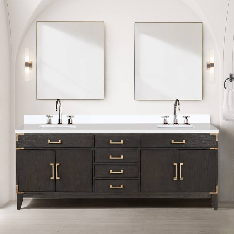 Laurel 60 in W x 22 in D Black Oak Double Bath Vanity, White Quartz Top, Faucet Set, and 28 in Mirrors - 84 - Brown Oak