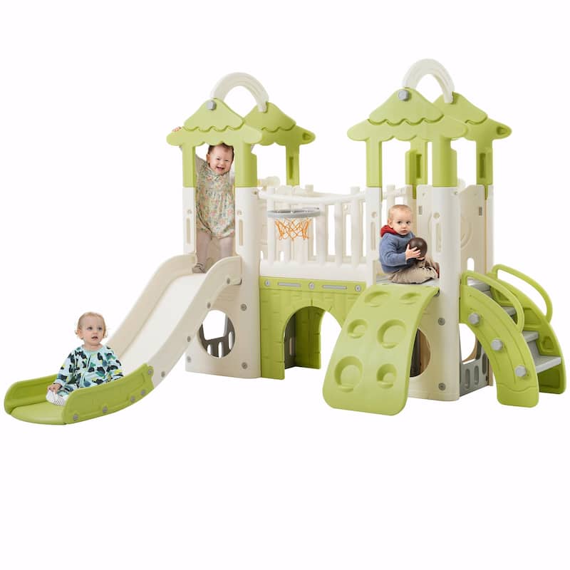 8-in-1 Toddler Climber and Slide Set - Freestanding Kids Slide Playset with Basketball Hoop and More