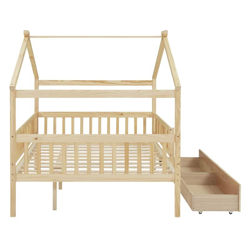 Full Size Wooden House Bed with Two Drawers and Solid Pine Frame
