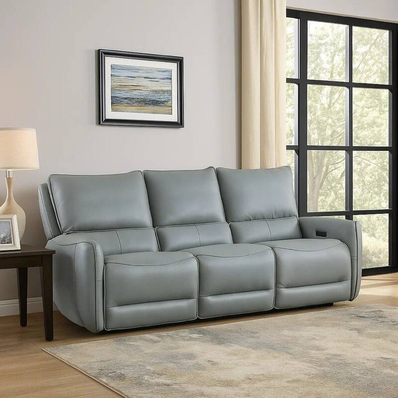 Pono Power Reclining Sofa, Pale Blue Top Grain Leather, 85 Inch, Zero Gravity