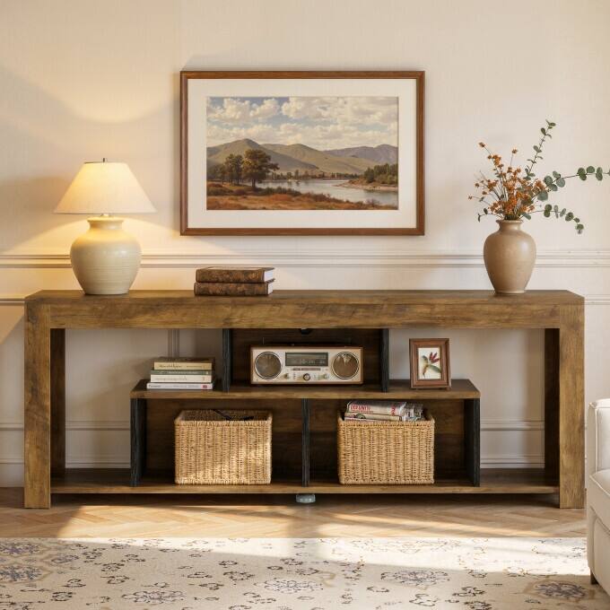 63" Console Table with Storage Shelf, Rustic Wooden Entryway Table