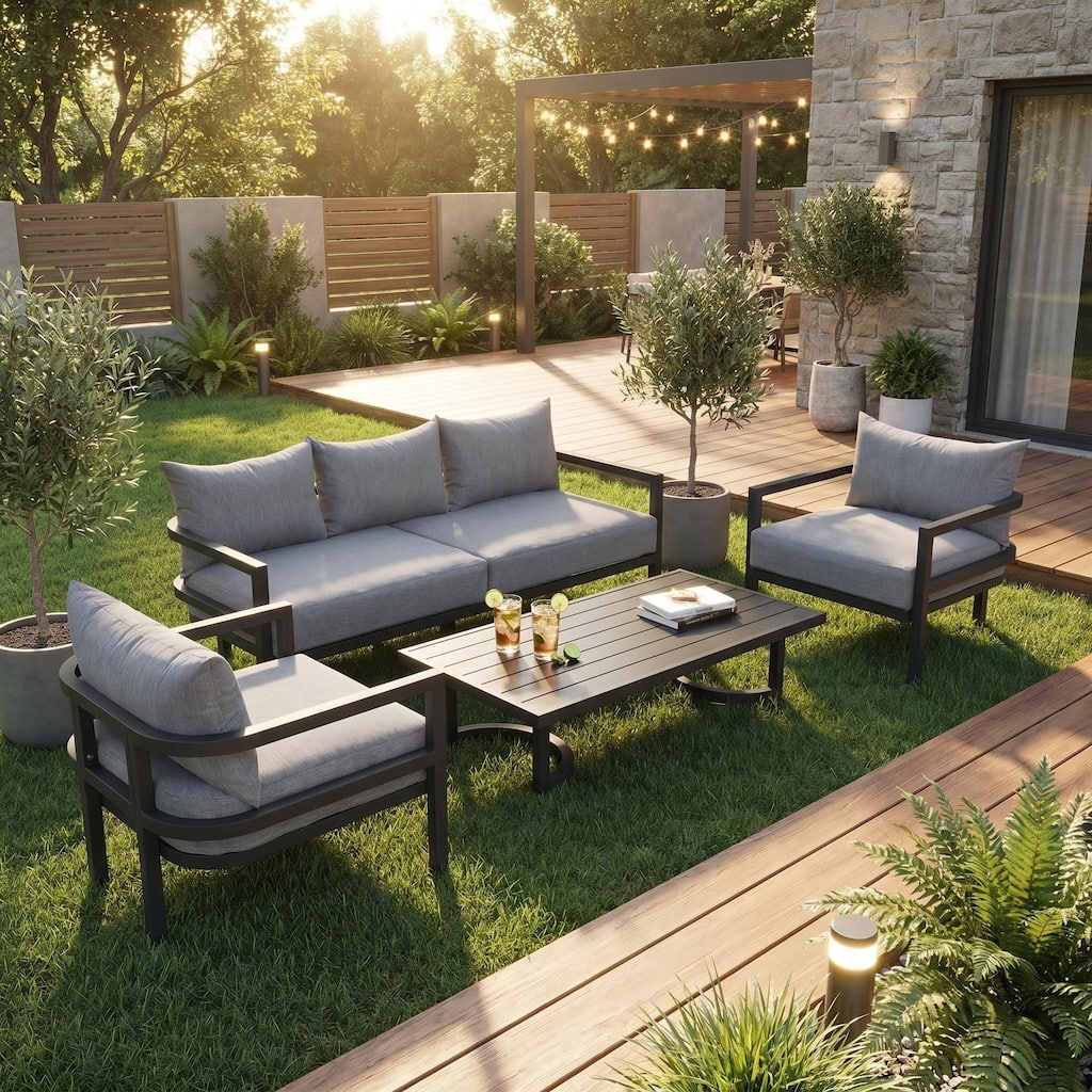 4-Piece Outdoor 5-Seater Steel Cnversation Sofa Set with Coffee Table, Waterproof, Anti-rust and Anti-UV