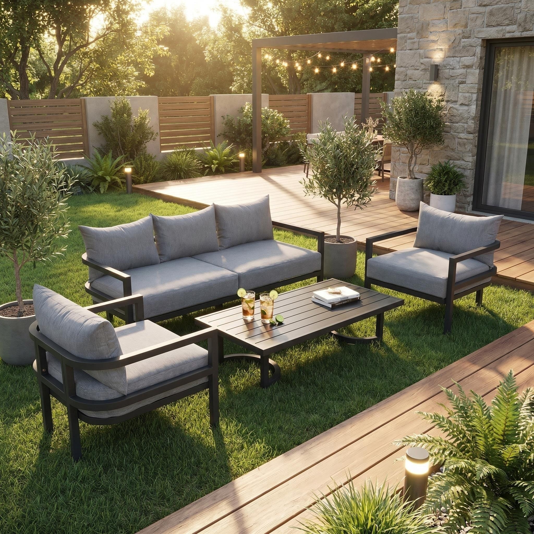 4-Piece Outdoor 5-Seater Steel Cnversation Sofa Set with Coffee Table, Waterproof, Anti-rust and Anti-UV