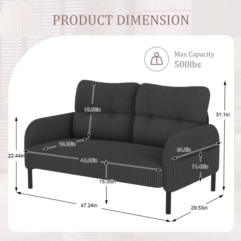 47.24" Corduroy 2-Seater Sofa with Side Pockets