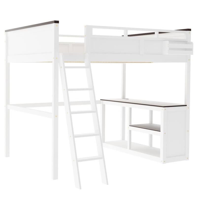 Queen-size Wooden Loft Bed Open Shelf and a Storage Box, USB Charging Station