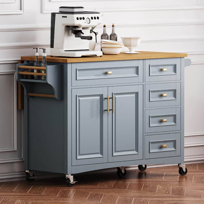Haloi MDF Rolling Kitchen Island with Drop Leaf and 5 Drawers(52-in x30-in x36-in)