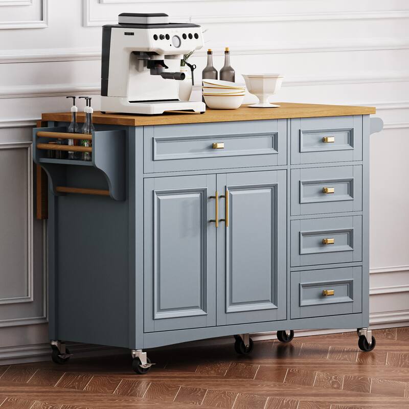 Mobile Kitchen Island with Five Drawers Adjustable Shelf and Spice Rack - Blue+Grey