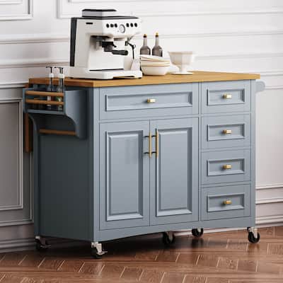 Rolling Kitchen Island with Drop Leaf, Kitchen Storage Cart with Spice Rack, Fold Dining Table with Adjustable Shelf