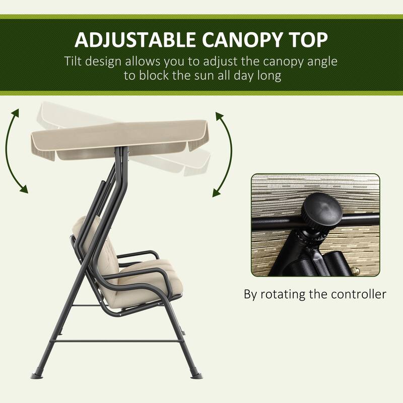 Outsunny Outdoor Patio Porch Swing Bench with Included Adjustable Shade Awning & Comfort Padded Seating for Three People
