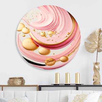 Designart 'Pink And Gold Abstract Circles II' Modern Metal Round Wall Art