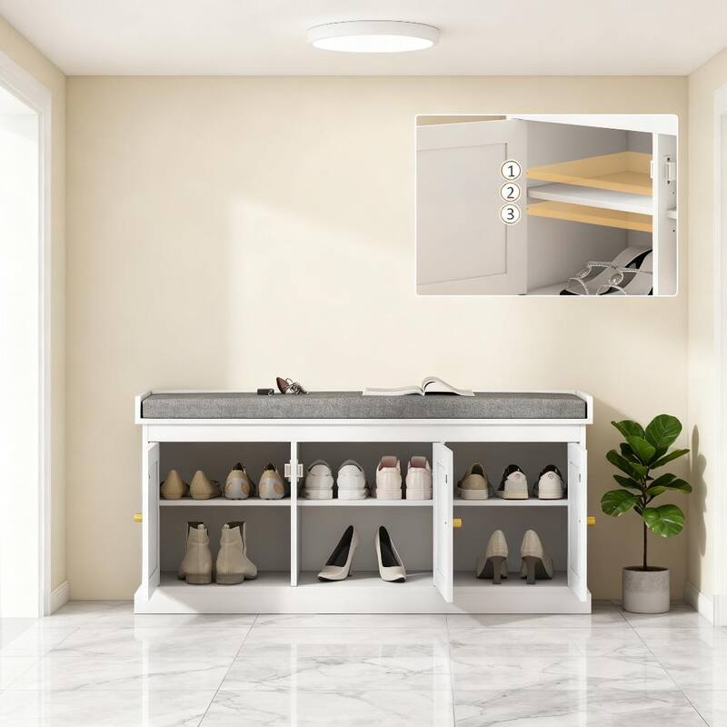 Shoe Storage Bench with Woven Rattan Doors, Shoe Bench with Cushion