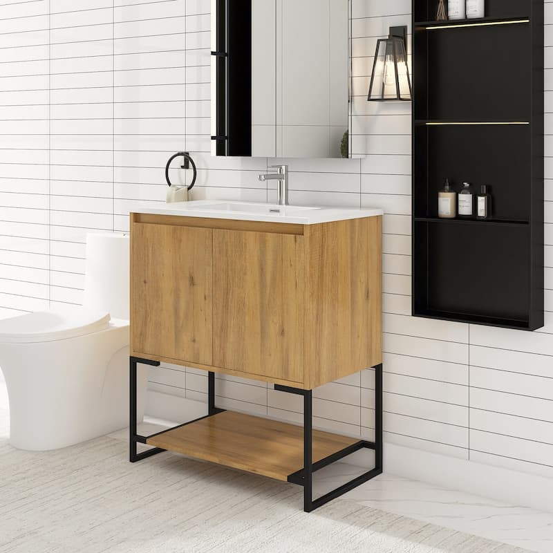 Freestanding Bathroom Vanity Set in Oak with Integrated Solid Surface Sink
