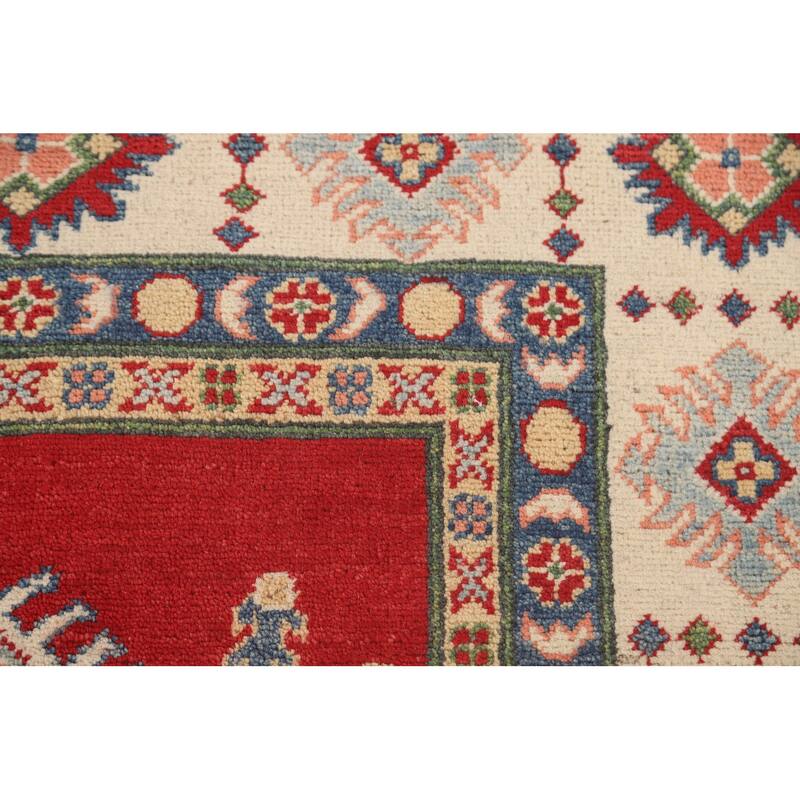 Red Geometric Kazak Living Room Area Rug Handmade Wool Carpet - 6'7" x 9'11"