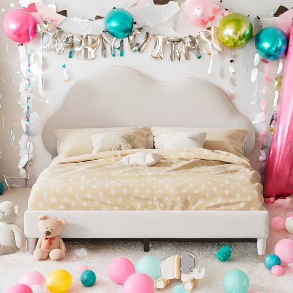 slide 2 of 18, Full Size Velvet Upholstered Cloud-Shape Bed with Headboard, No Box Spring Needed White