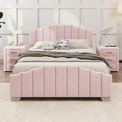 Velvet Upholstered Platform Bed Vertical Channel Tufted Headboard
