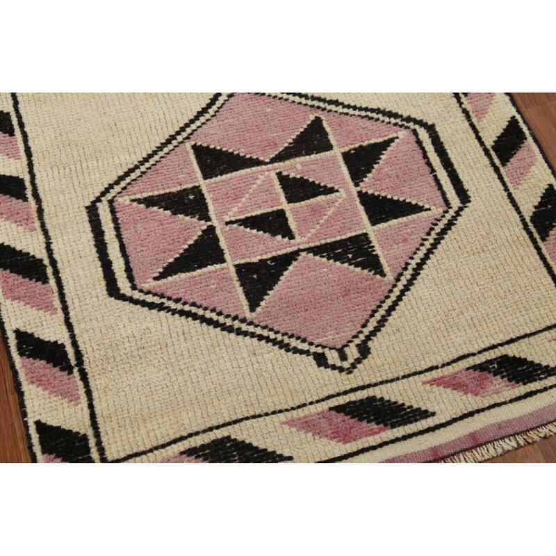 Geometric Anatolian Vintage Runner Rug Foyer Handmade Wool Carpet - 2'11"x 11'7"