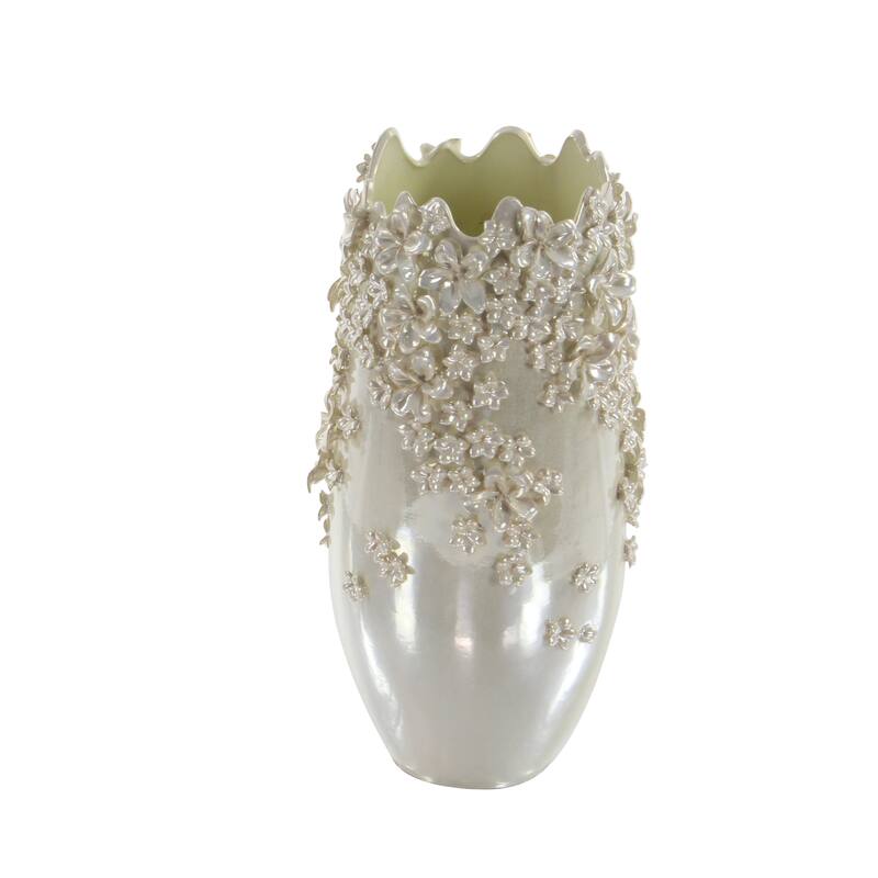 Ceramic Floral 3D Vase with Iridescent Glaze - Cream - Roche River Decor - 9"W x 9"L x 16"H
