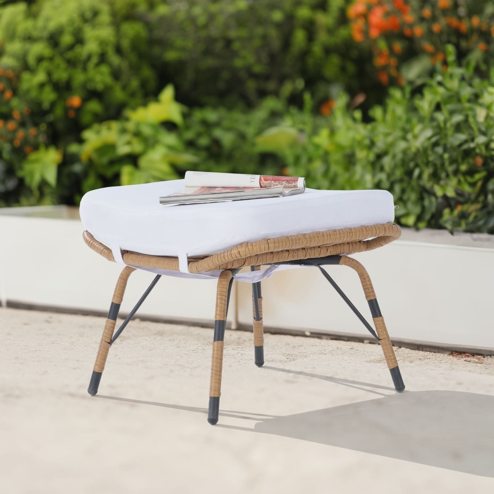 SANSTAR Outdoor Gray Boho Ottomans 3-in-1 Footrest Seat with Tie Cushions