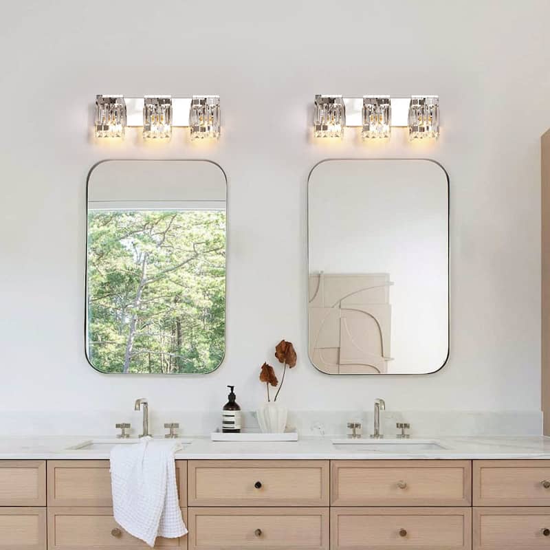 3-Light Modern Glam Chrome Finish Rectangle Crystal Bathroom Vanity Lights - 19.7 in. W x 5.1 in. D x 7.1 in. H