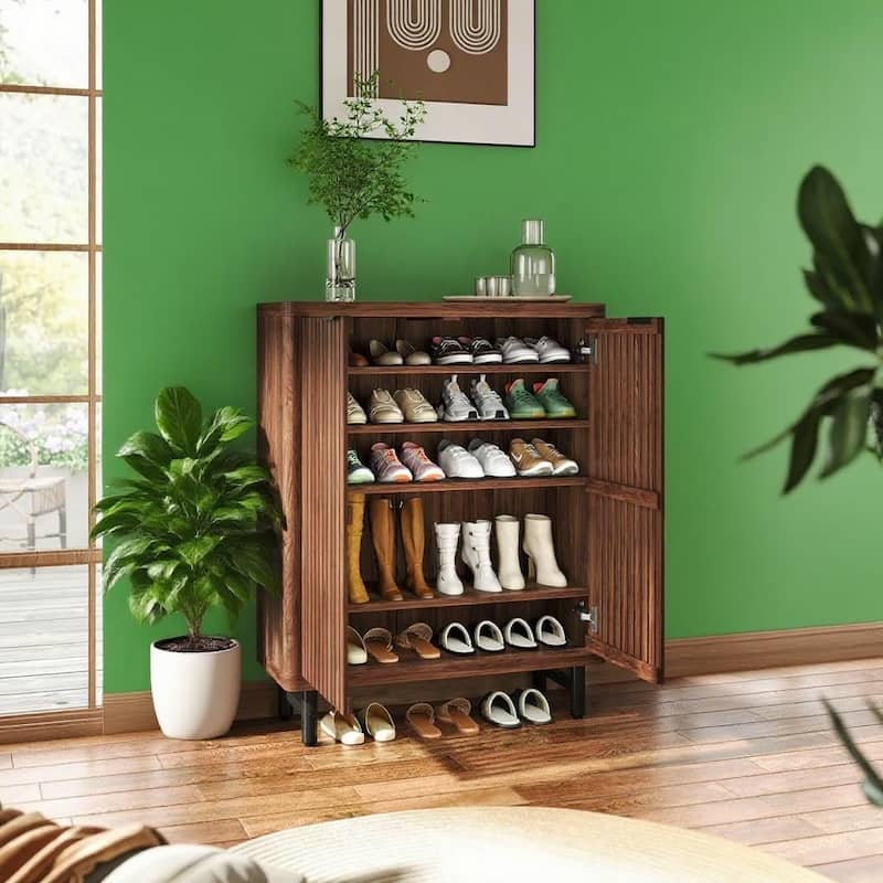 Versatile 6 Tier Shoe Cabinet with Adjustable Shelves Dual Louver Doors Wide Countertop - 33.46" x 13.78" x 43.31" - Brown