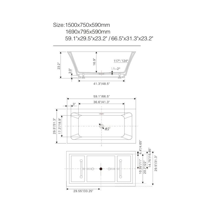 Vanity Art 59" Freestanding Acrylic Soaking Bathtub with Slotted Overflow & Pop-up Drain
