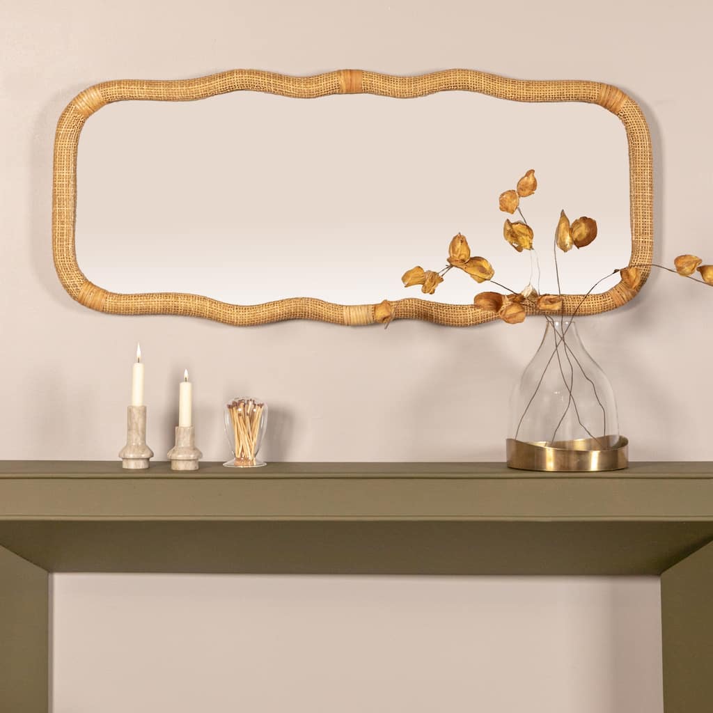Wood and Rattan Wavy Mirror