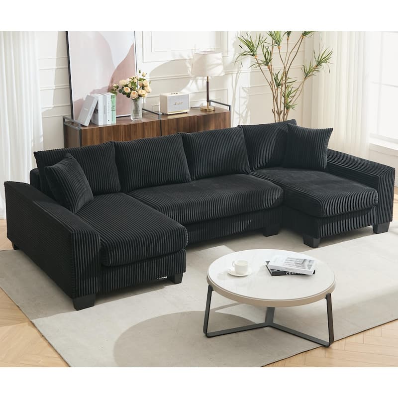 U Shaped Sofa Convertible Pull Out Sleeper Sofa Bed, 2 in 1 Recliner Sectional Couch, Corduroy Upholstery Daybed with Pillow