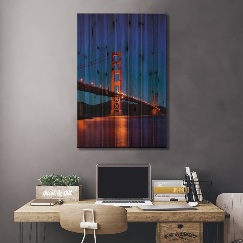 Golden Gate Bridge At Night, San Francisco, California, USA Print On Wood by Walter Bibikow - Multi-Color