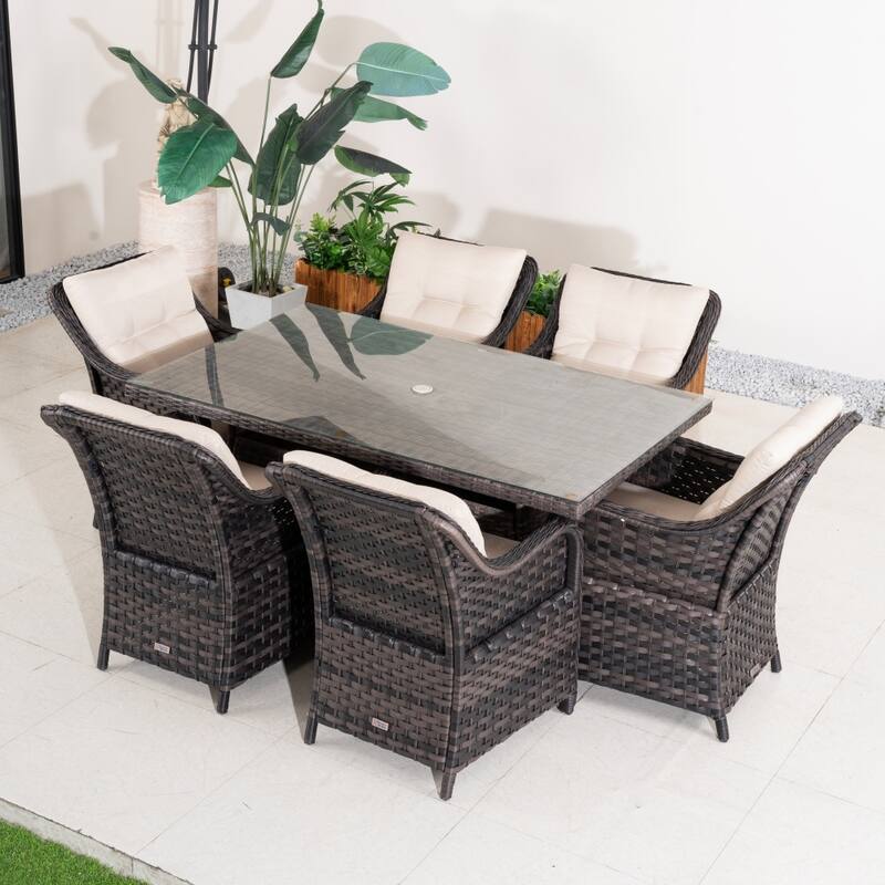 7-piece Modern Outdoor All-Weather Wicker Rectangular Dining Table and Chairs