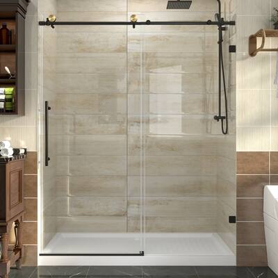 60 in. W x 74 in. H Single Sliding Frameless Shower Door in Matte Black Finish with Clear Tempered Glass - 60" x 74"