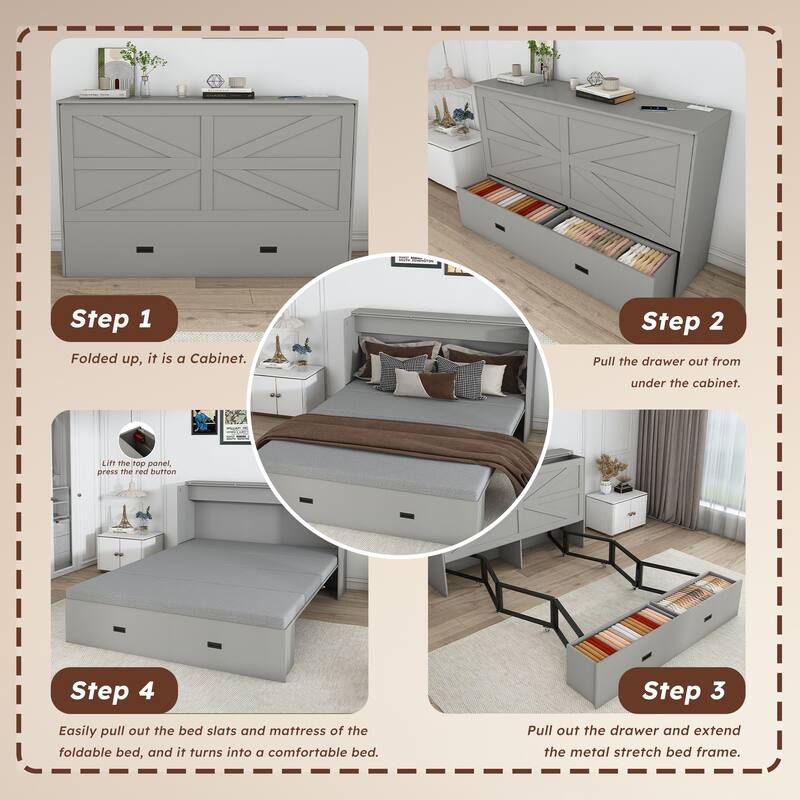 57" Murphy Bed with Storage Drawers, Charging Cabinet, Foldable Panels & Lockable Wheels, Full Size Wall Bed for Guest Room