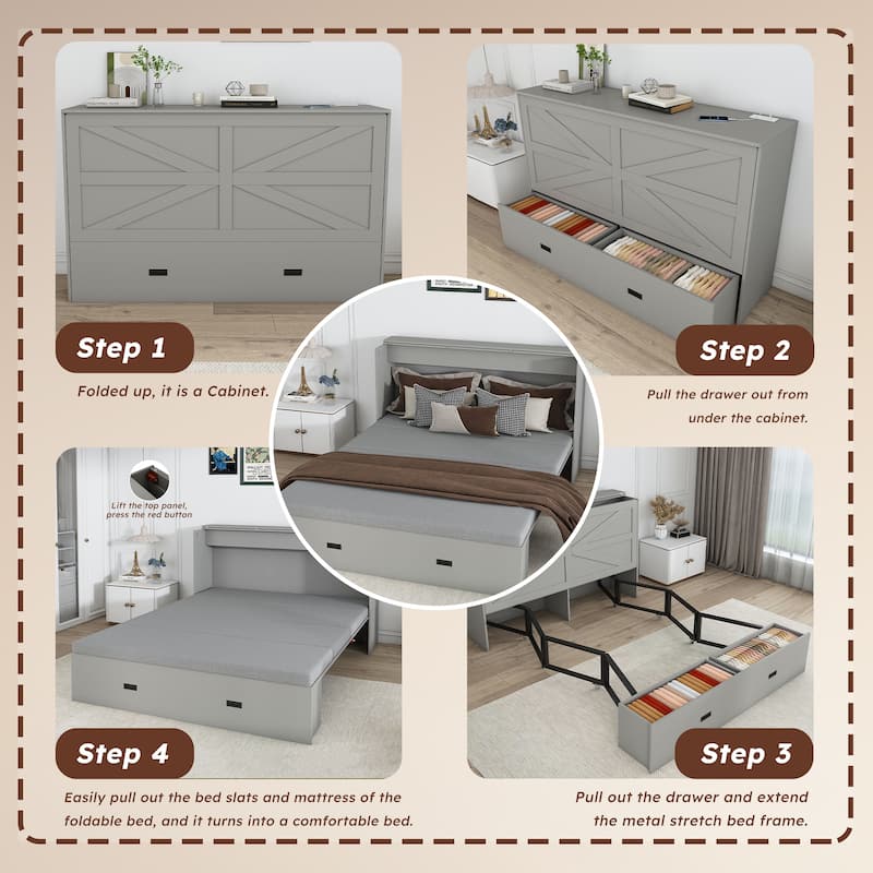 Hidden Folding Murphy Bed with Storage Drawers/Charging Station/Foldable Mattress/Full Size Mobile Cabinet Bed Frame/Noise-free