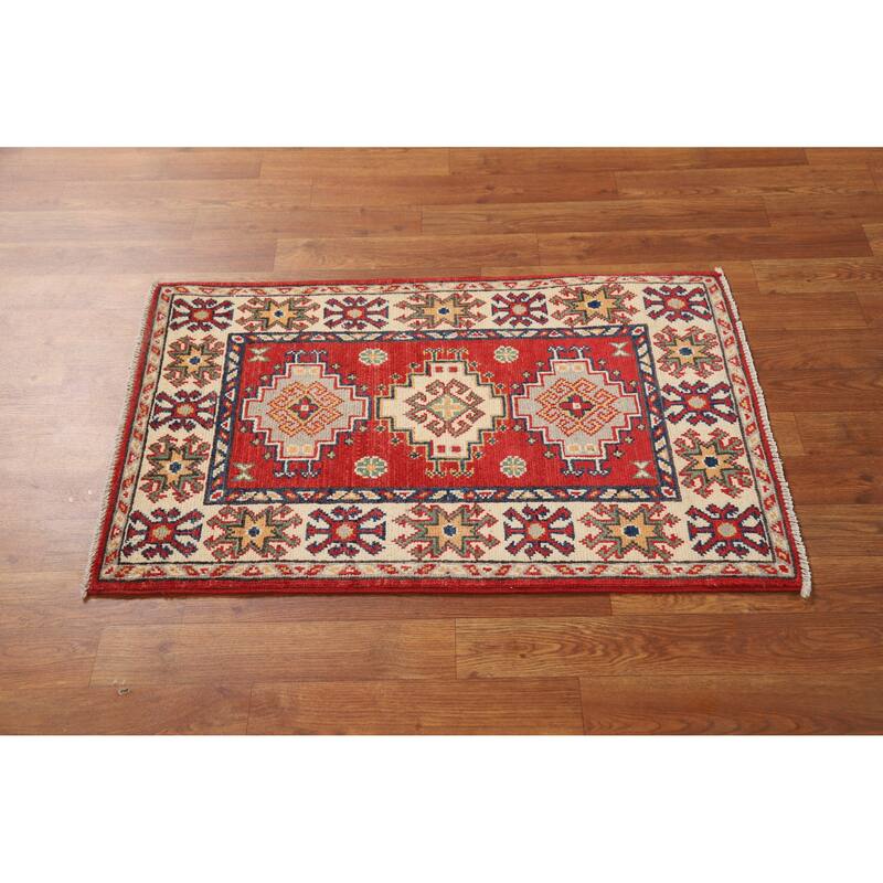 Traditional Kazak Oriental Rug Hand-Knotted Geometric Wool Carpet - 2'0"x 3'0"