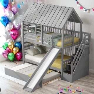 Twin Over Twin House Bunk Bed With Trundle And Slide,Storage Staircase
