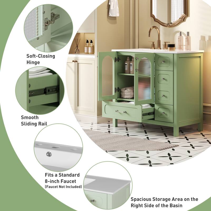 36" Bathroom Cabinet with Waffle Texture Doors, Bathroom Vanity with Four Drawers and Two Soft-Closing Doors