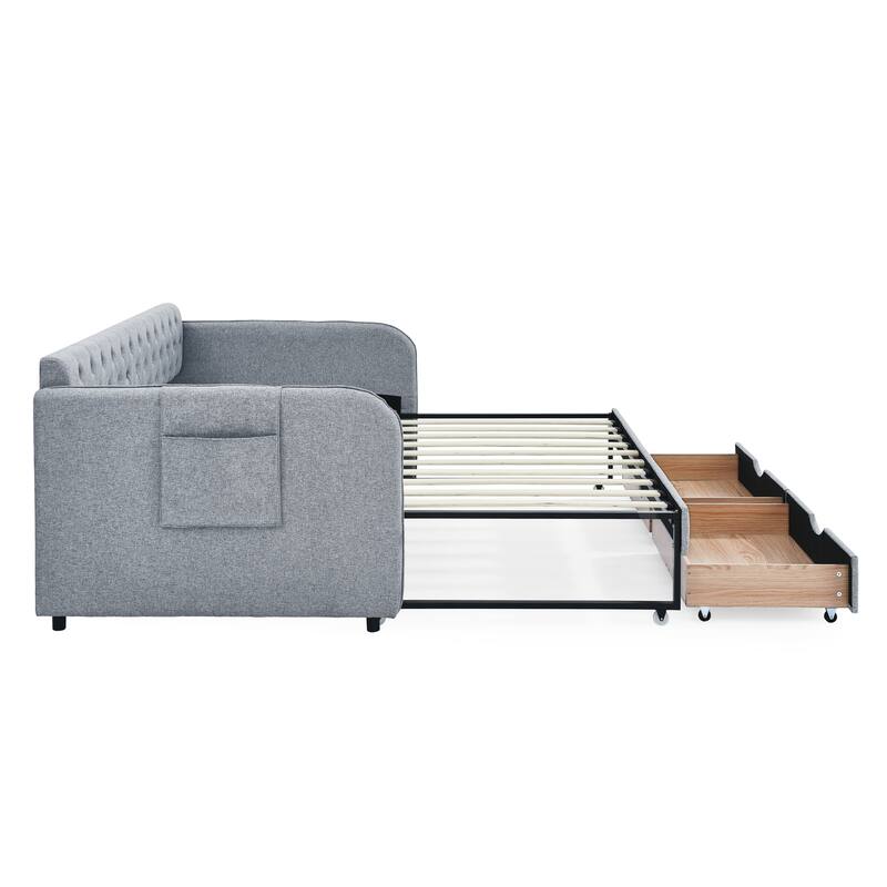 Grey Twin Upholstery Daybed with Trundle & 2 Storage Drawers
