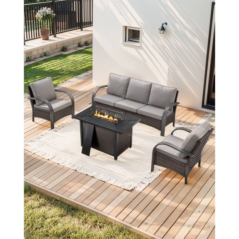 Pocassy Outdoor Patio Furniture Set - Brown Rattan - Grey Cushion - 4PCS Sofa Fire Table with Patio Chairs