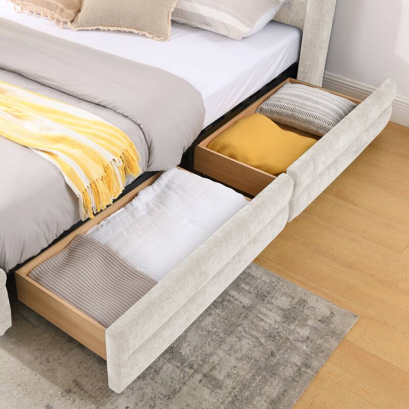 Queen Upholstered Bed Frame with Storage Drawer, Thick Padded Headboard & Solid Frame in Chenille Fabric