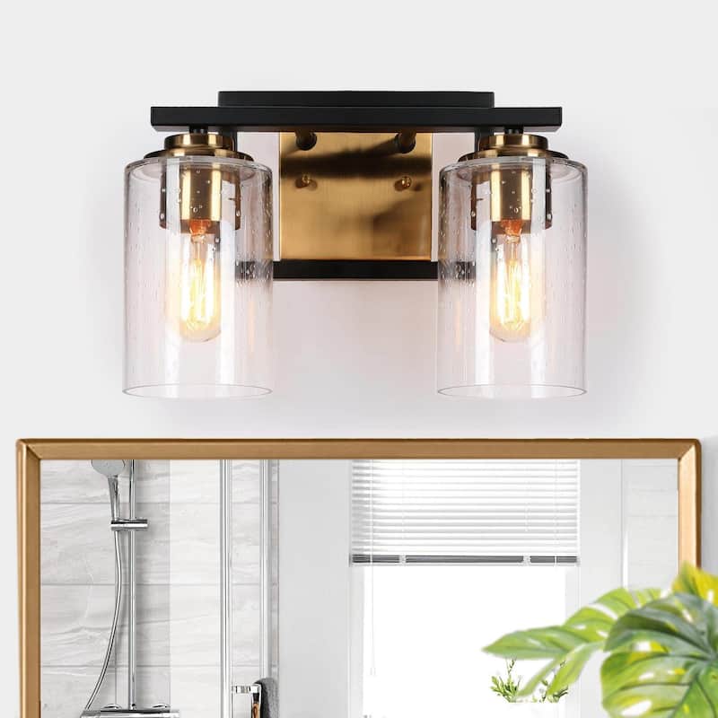 Modern Black Gold 3-Light Bathroom Vanity Lights Wall Lighting with Seeded Glass Shade - 12" L-2-Light