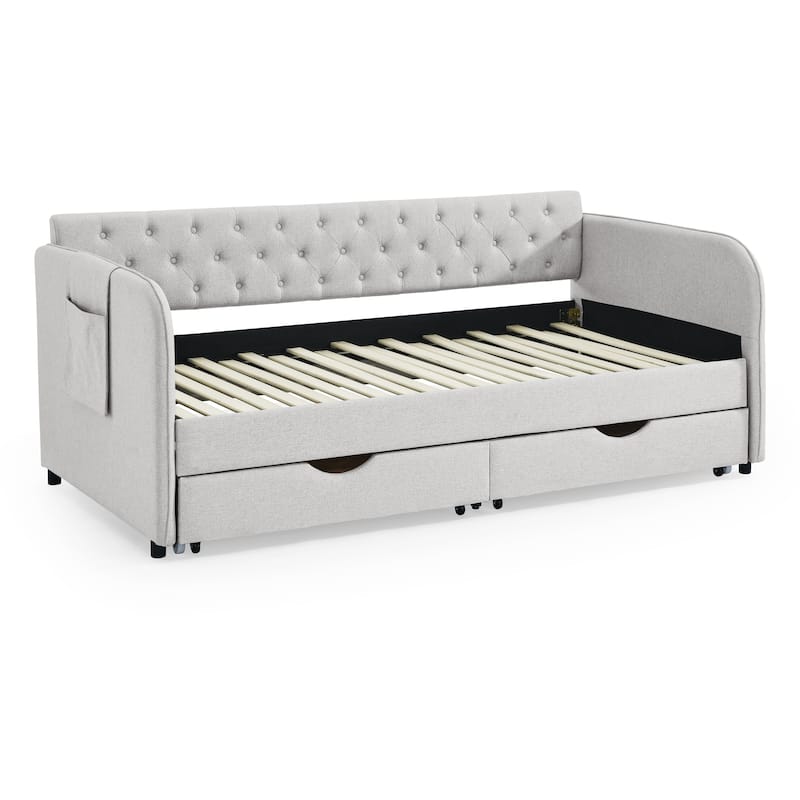Roomfitters Twin Upholstered Daybed with Trundle, Underbed Storage and Flat Arms with Side Pocket, Extendable Design