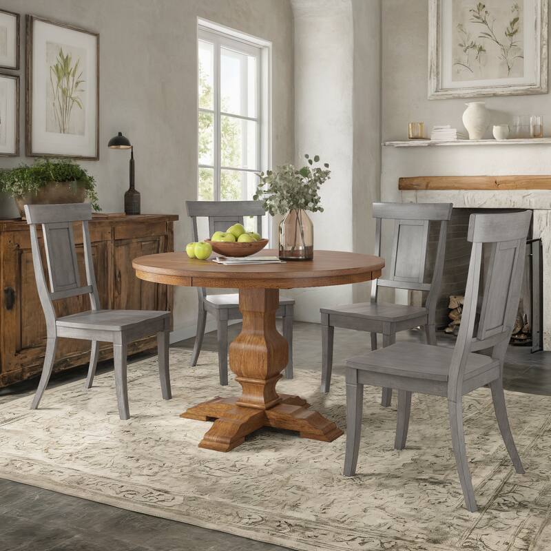 Ronda 45" Round Solid Wood Top Dining Set with Panel Back Chairs - Oak Table - Antique Grey Chairs
