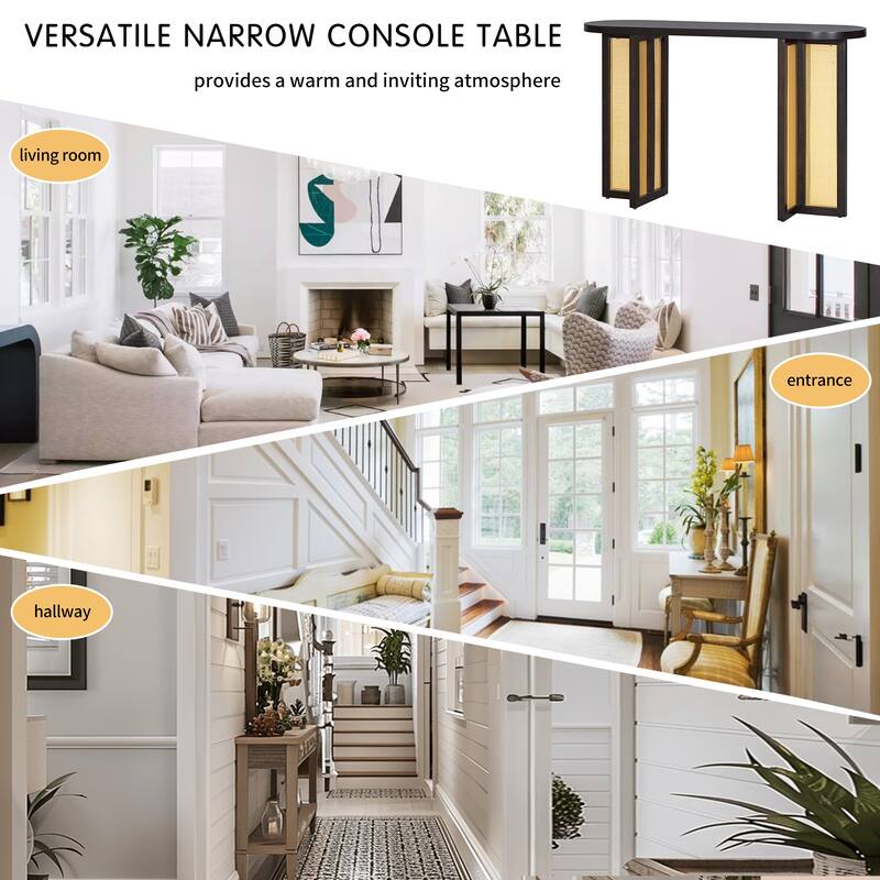 Farmhouse Rattan Console Table with Storage for Living Room