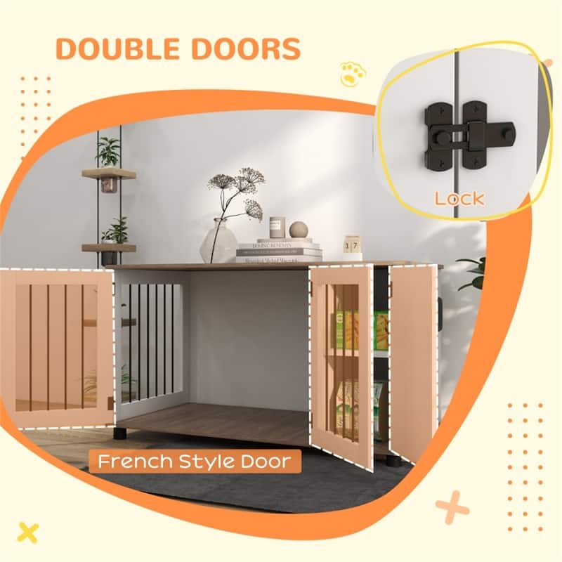 Walnut and White Dog Crate Side Table with Double Doors Adjustable Feet and Storage Cabinet