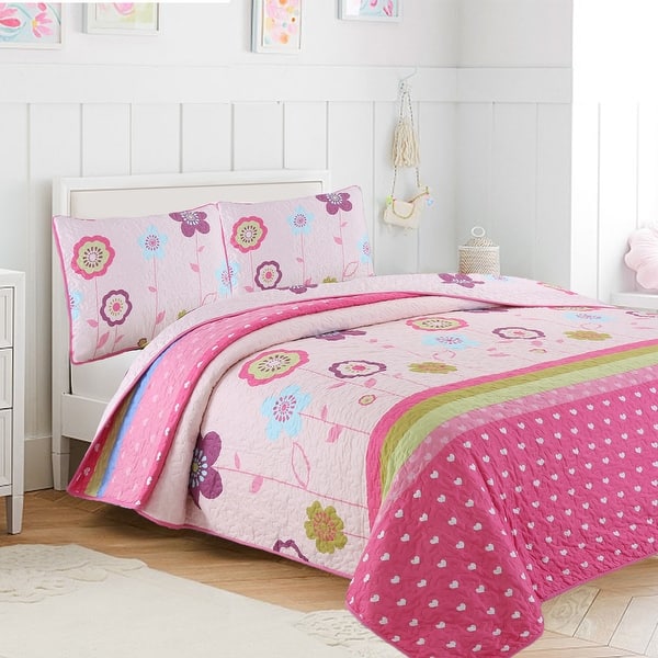 slide 2 of 5, Cozy Line Pink Flower Garden Girl Quilt Bedding Set