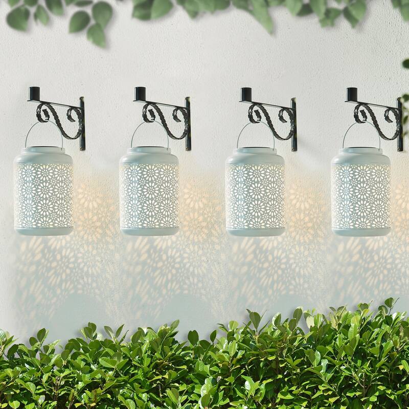 Glitzhome 8.75"H Outdoor Waterproof Metal Solar Hanging Lantern with Flower Leaves Decor